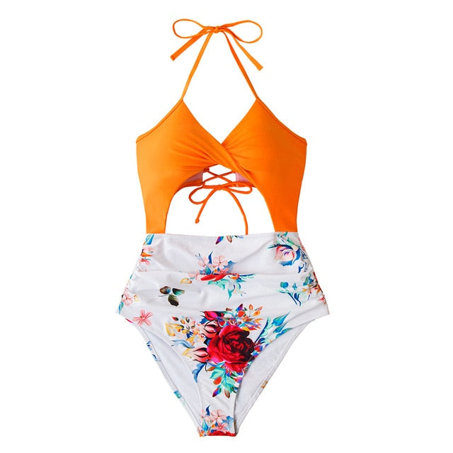 Floral Print Halter One-Piece Swimsuit