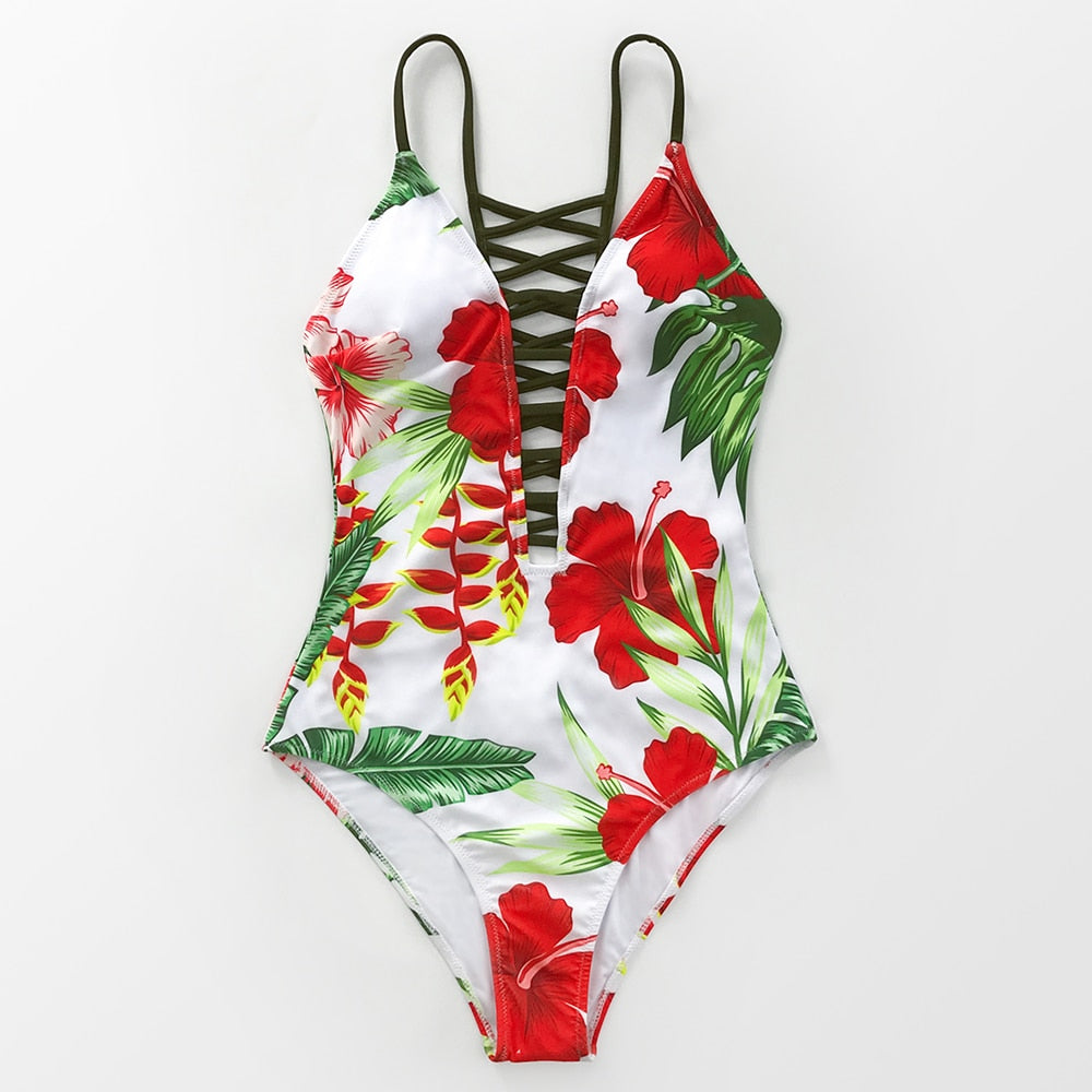 Floral Lace-Up Deep V-neck One-Piece Swimsuit