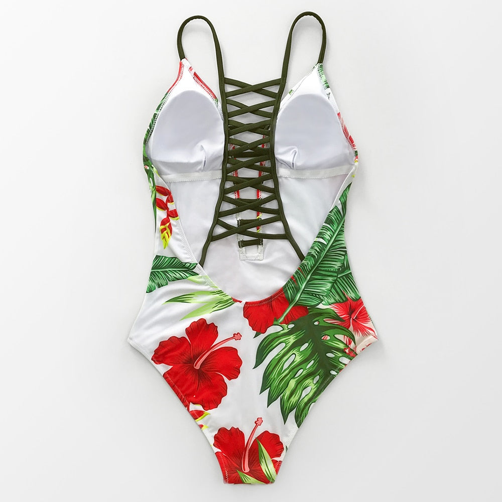 Floral Lace-Up Deep V-neck One-Piece Swimsuit