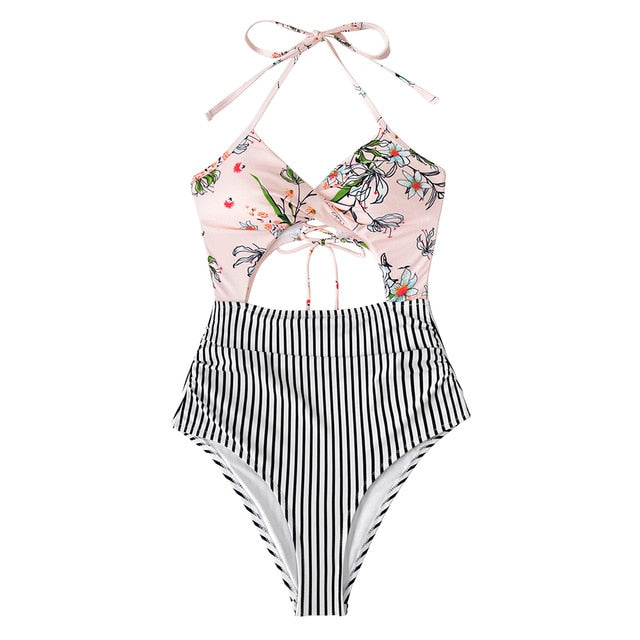 Floral Print Halter One-Piece Swimsuit