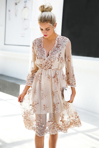 V neck long sleeve sequined party dress