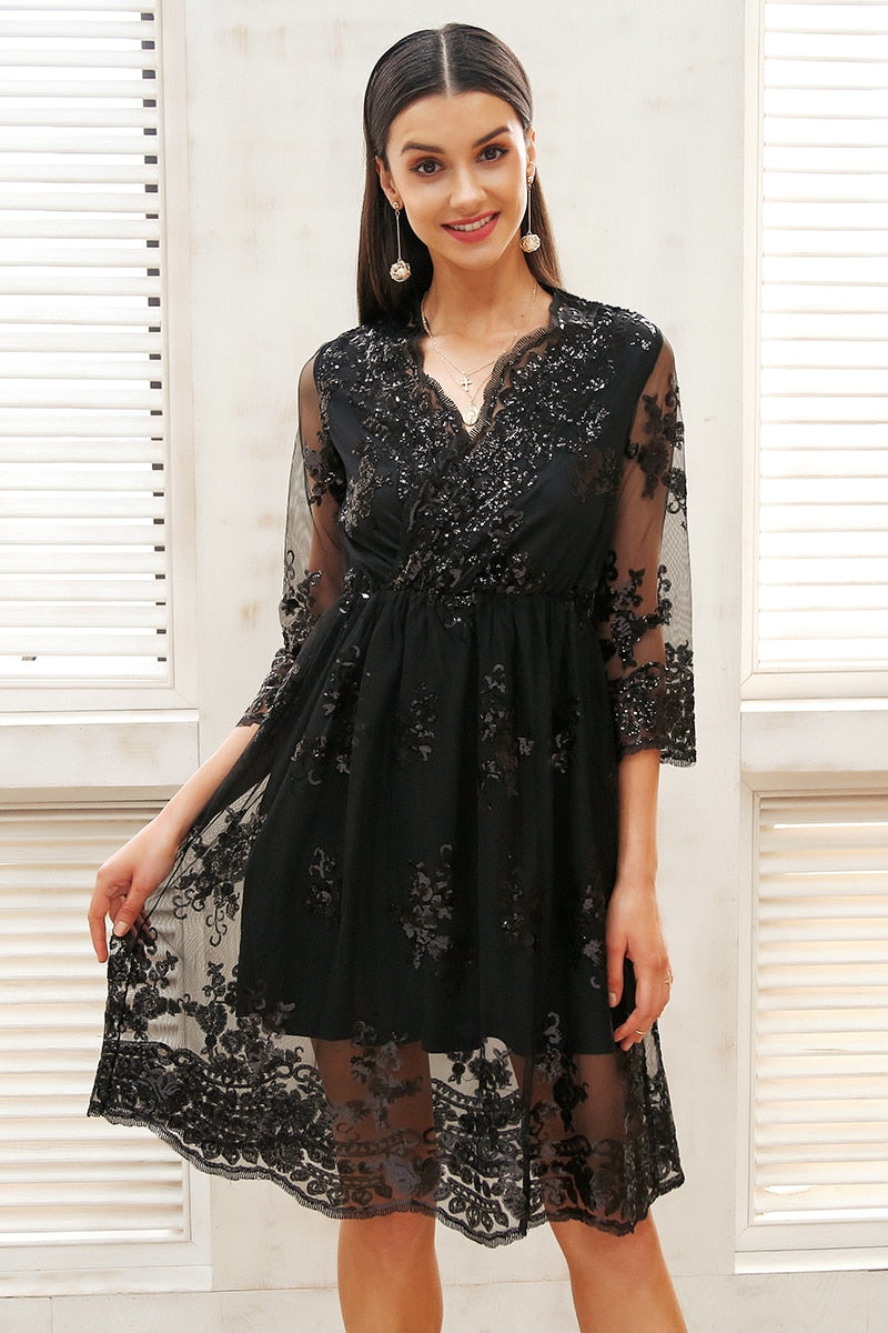 V neck long sleeve sequined party dress