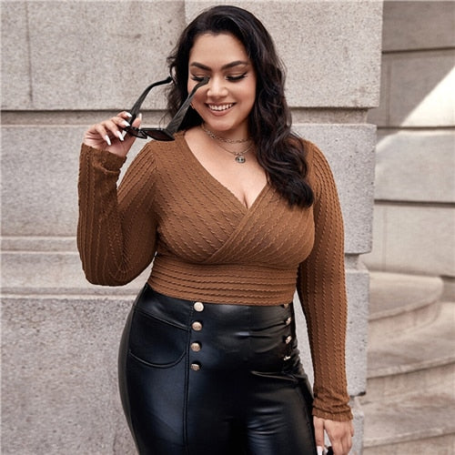 Brown Surplice Neck Textured Crop