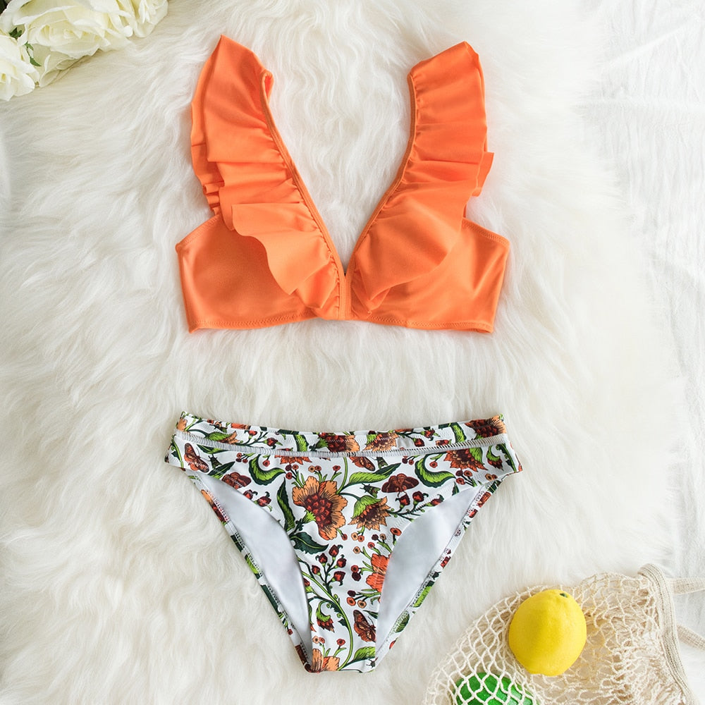 Ruffle Bikini Sets With Floral Bottom Sexy Swimsuit