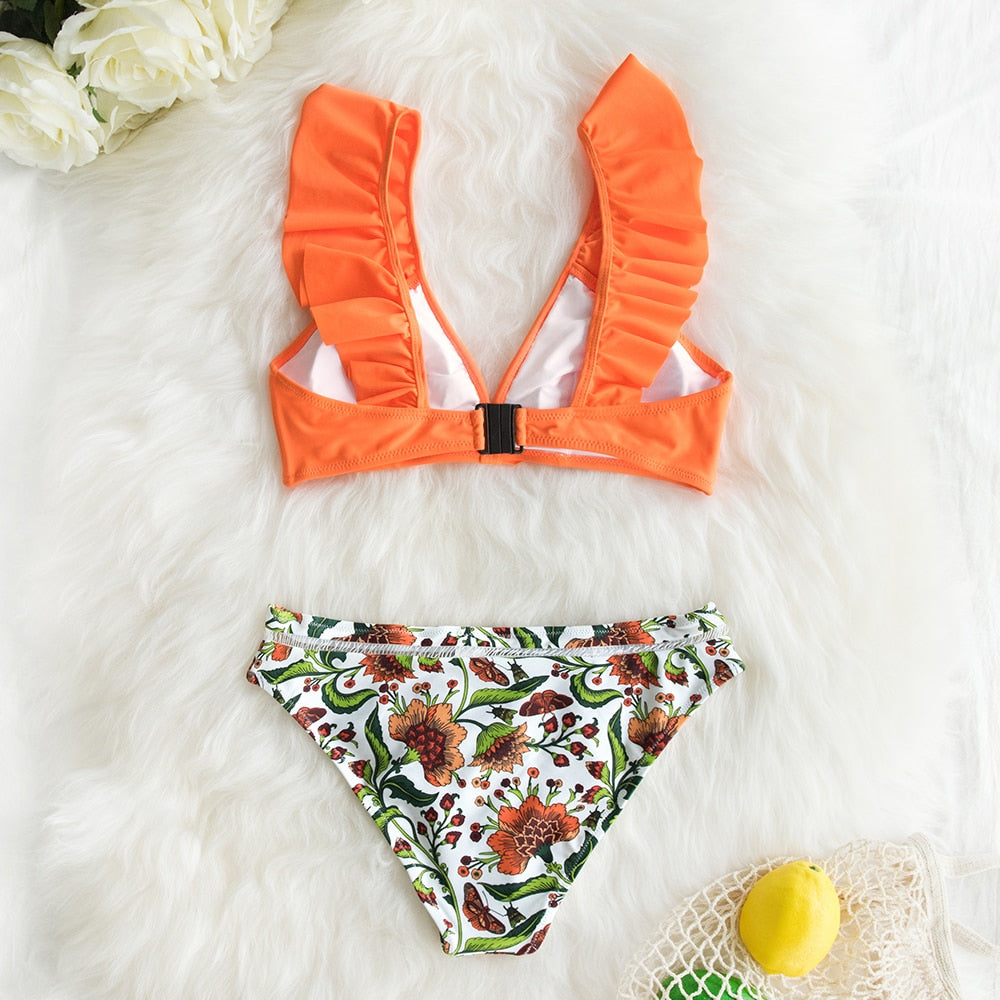 Ruffle Bikini Sets With Floral Bottom Sexy Swimsuit
