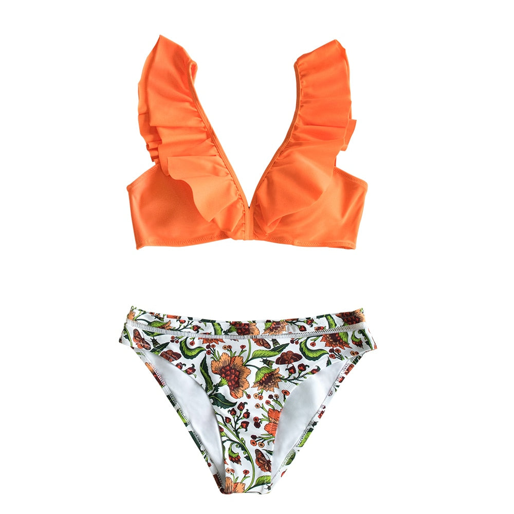 Ruffle Bikini Sets With Floral Bottom Sexy Swimsuit