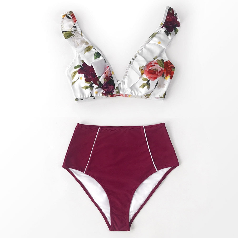 Floral Red High-waisted Bikini Sets