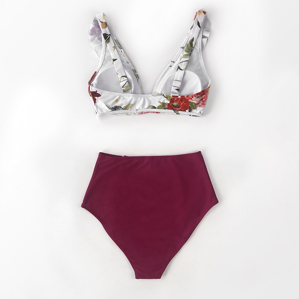 Floral Red High-waisted Bikini Sets