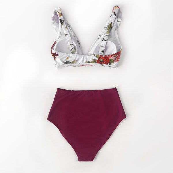 Floral Red High-waisted Bikini Sets