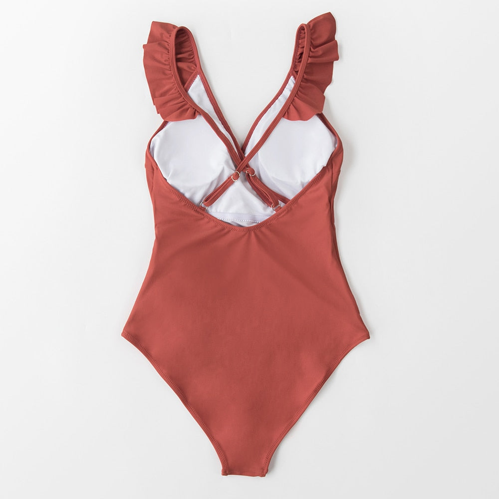 Solid Brick-red V-neck Ruffled One-Piece Swimsuit
