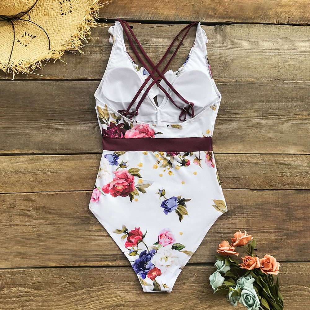 Floral Ruffled V-neck One-Piece Swimsuit