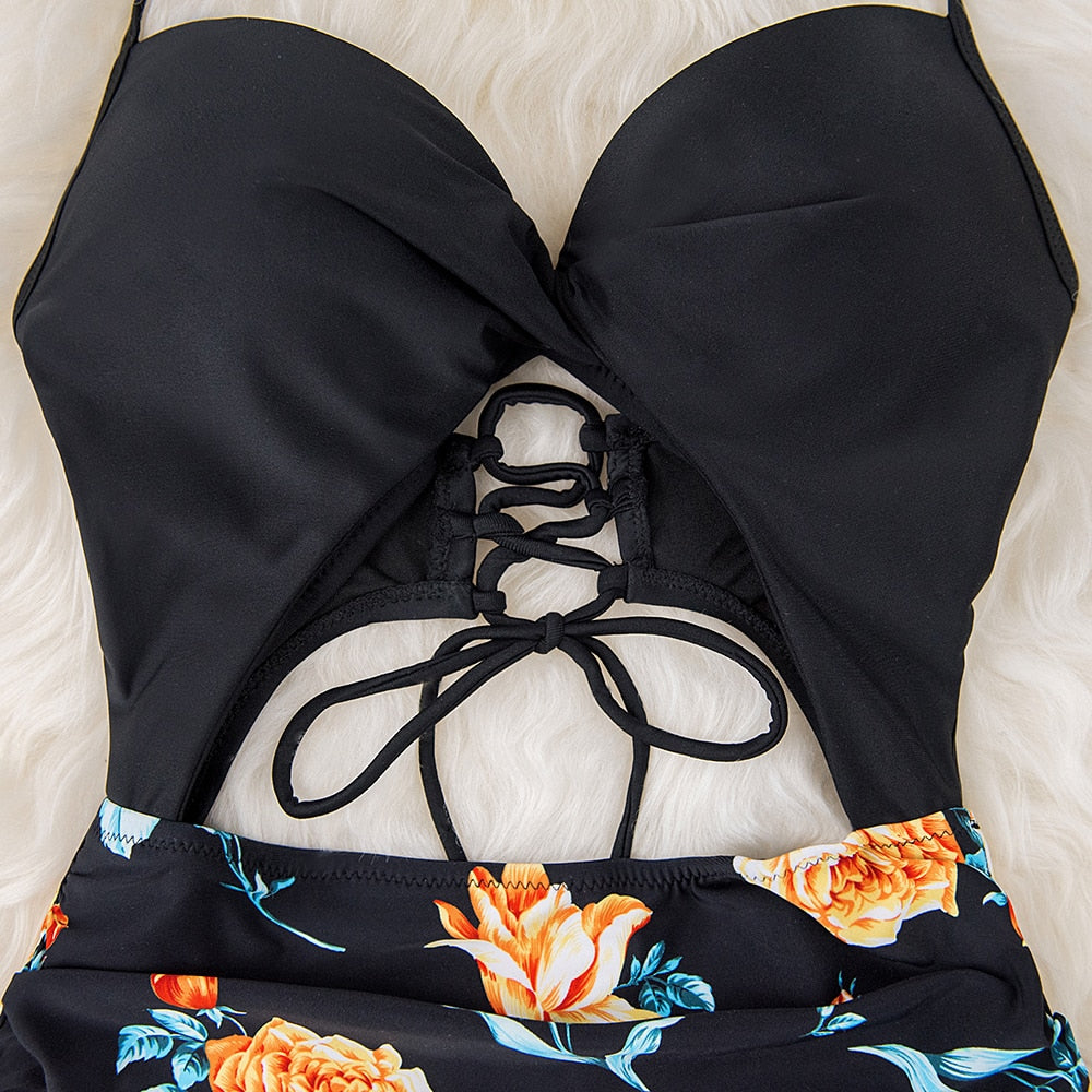 Floral Print Halter One-Piece Swimsuit