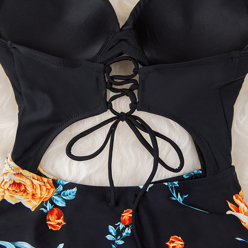 Floral Print Halter One-Piece Swimsuit