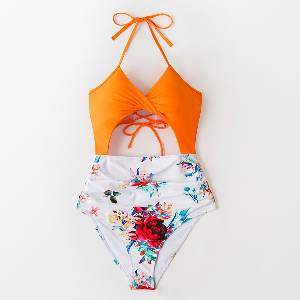 Floral Print Halter One-Piece Swimsuit
