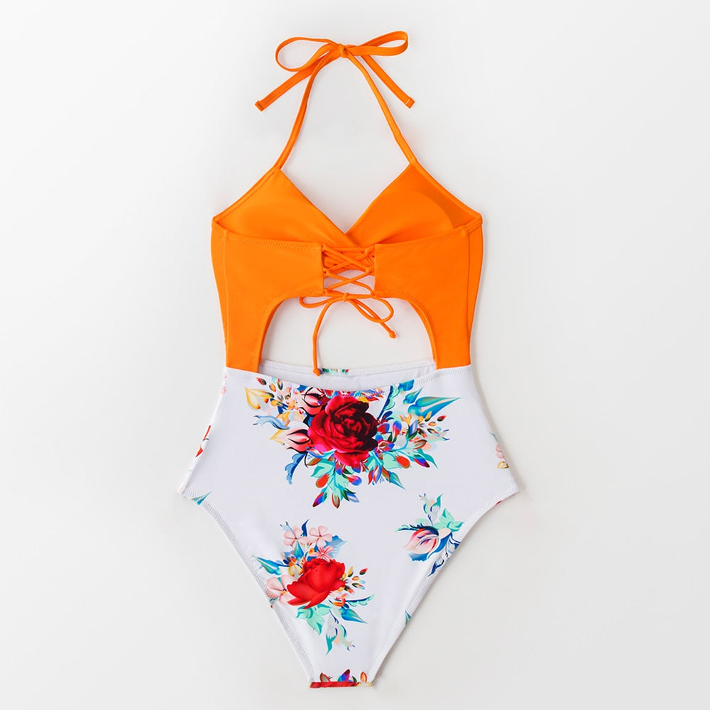 Floral Print Halter One-Piece Swimsuit