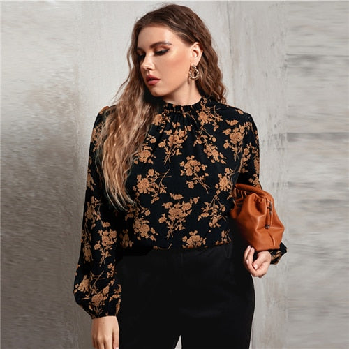 Frilled Neck Lantern Sleeve Allover Floral Top Blouse