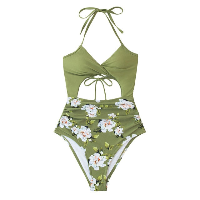 Floral Print Halter One-Piece Swimsuit