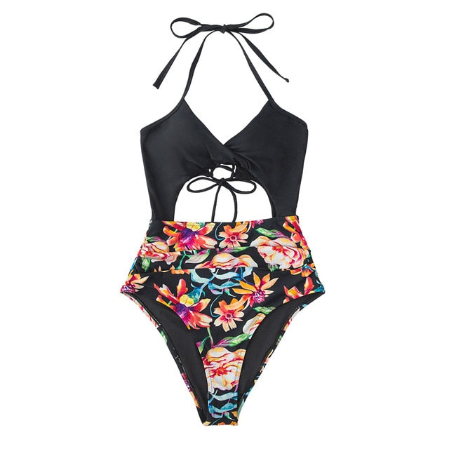 Floral Print Halter One-Piece Swimsuit