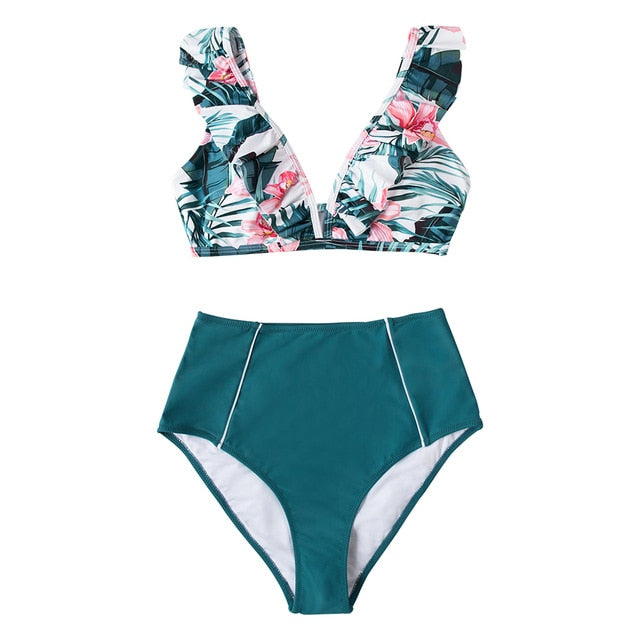 Floral Red High-waisted Bikini Sets