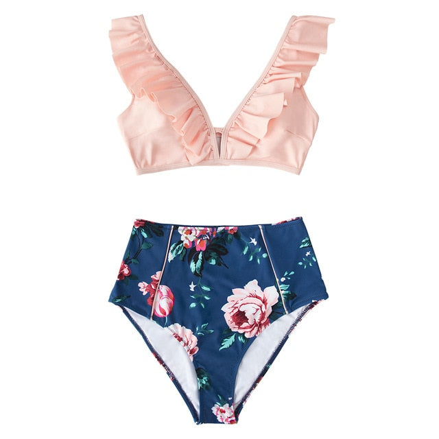 Floral Red High-waisted Bikini Sets