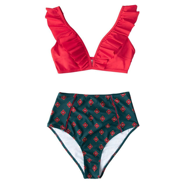 Floral Red High-waisted Bikini Sets