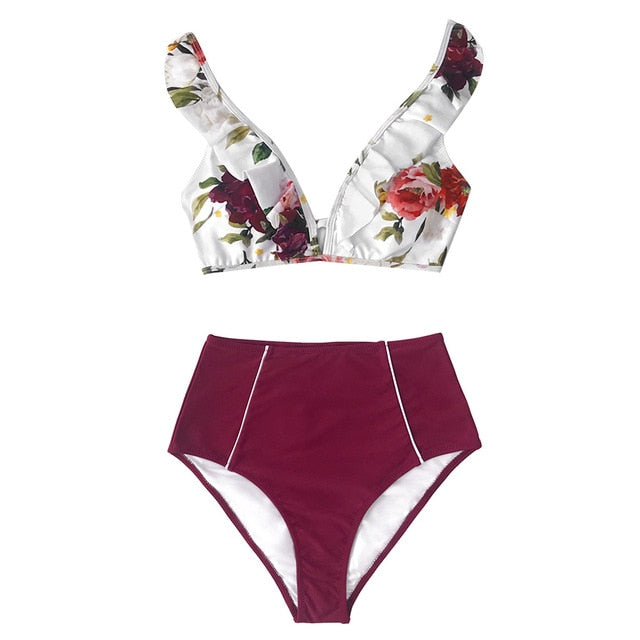 Floral Red High-waisted Bikini Sets