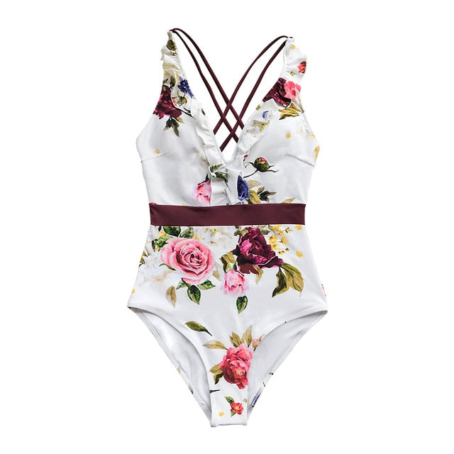 Floral Ruffled V-neck One-Piece Swimsuit