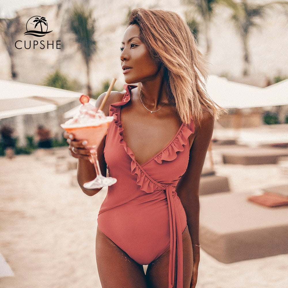 Solid Brick-red V-neck Ruffled One-Piece Swimsuit