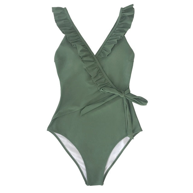 Solid Brick-red V-neck Ruffled One-Piece Swimsuit