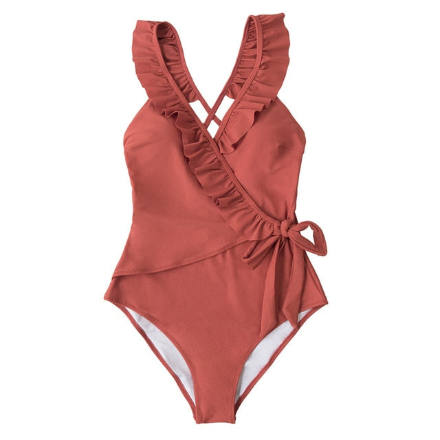 Solid Brick-red V-neck Ruffled One-Piece Swimsuit