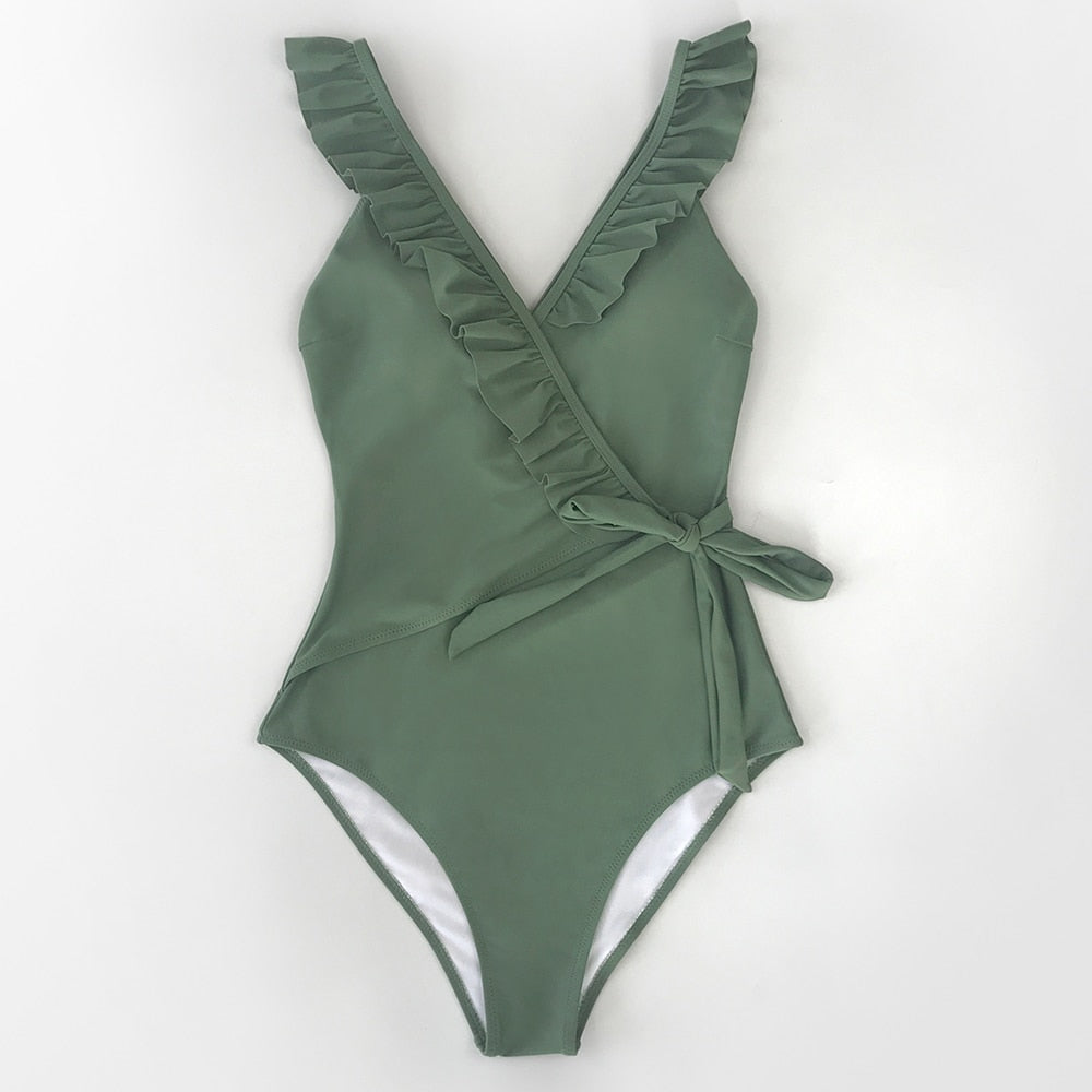 Solid Brick-red V-neck Ruffled One-Piece Swimsuit