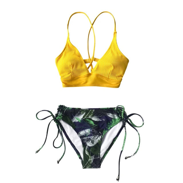 Sexy Green And Floral Lace-Up Bikini Sets