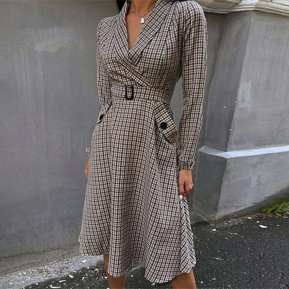 Elegant plaid office ladies dress