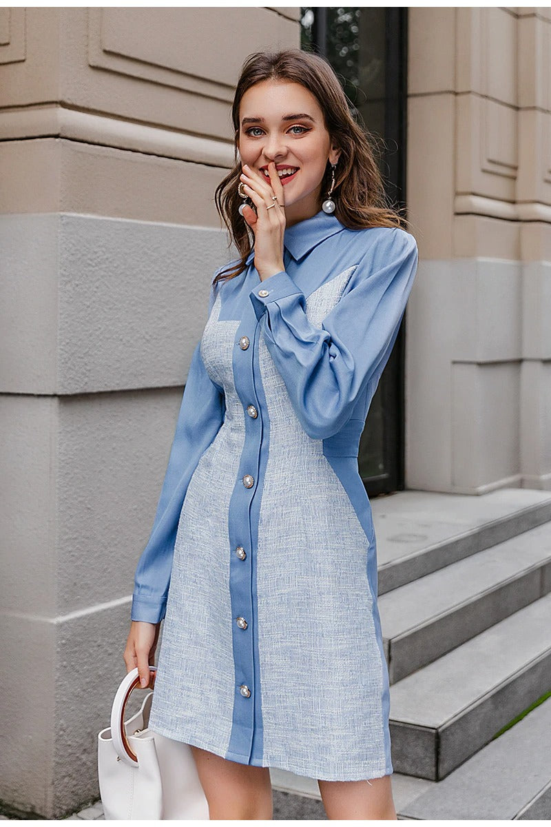 Elegant blue Button women party dress
