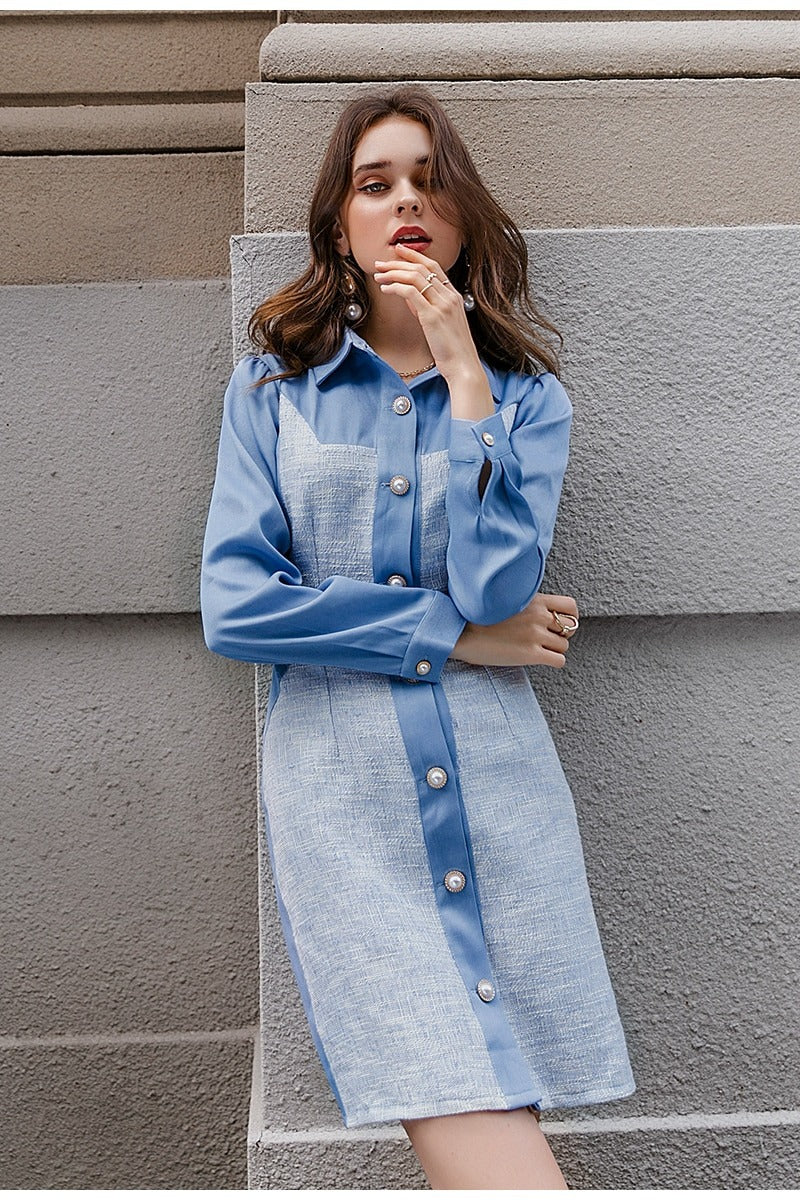 Elegant blue Button women party dress
